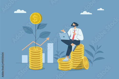 Growth of investment or business profit, Return on mutual fund or interest on deposit, Wealth from savings, Male investor analyzing growing money plant and issuing coins. Vector design illustration.