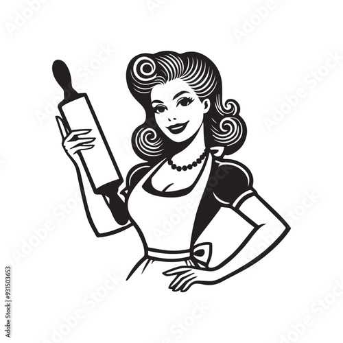 Vintage Retro Woman Face Clipart, Retro Housewife Silhouette,  Vintage Woman Rolling with the punches illustration in black and white
