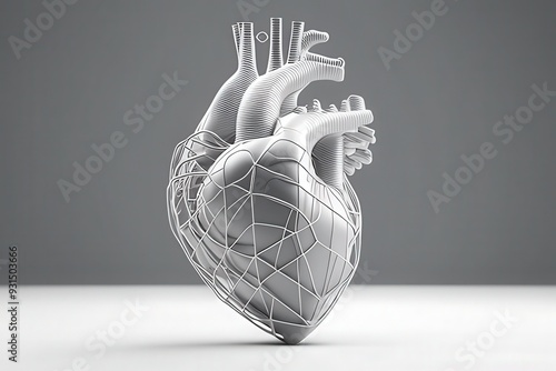 medical illustration of the human heart, anatomical heart, heart organ, venes, arteria,high quality, white background, minimal, wireframe, cinematic lighting, hyper realistic, volumetric