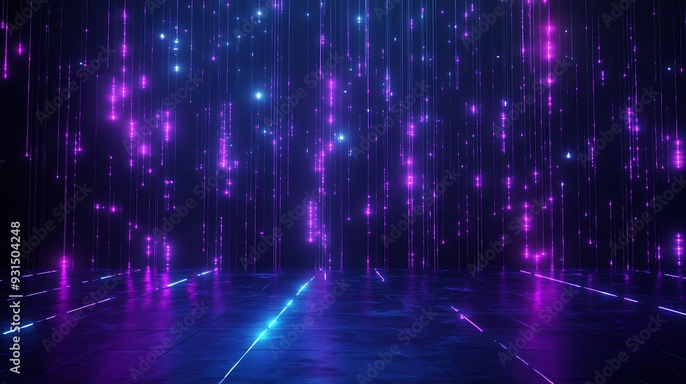 Abstract futuristic background with glowing purple and blue lines and particles, creating a digital data stream and cosmic technology feel. Abstract futuristic background with glowing purple and blue lines and particles, creating a digital data stream and cosmic technology feel.