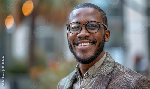 Portrait of a smiling, confident African American man in a business suit, standing in a bright, modern office. Free copy space for banner.