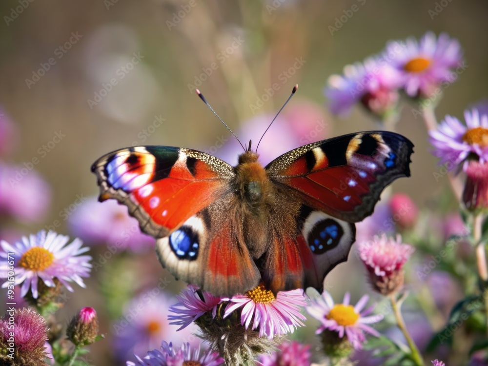 Vibrant peacock butterfly Aglais io perched on a bed of colorful meadow flowers, its striking eyespots shining against a soft, sunny background with ample copyspace. Vibrant peacock butterfly Aglais io perched on a bed of colorful meadow flowers, its striking eyespots shining against a soft, sunny background with ample copyspace.