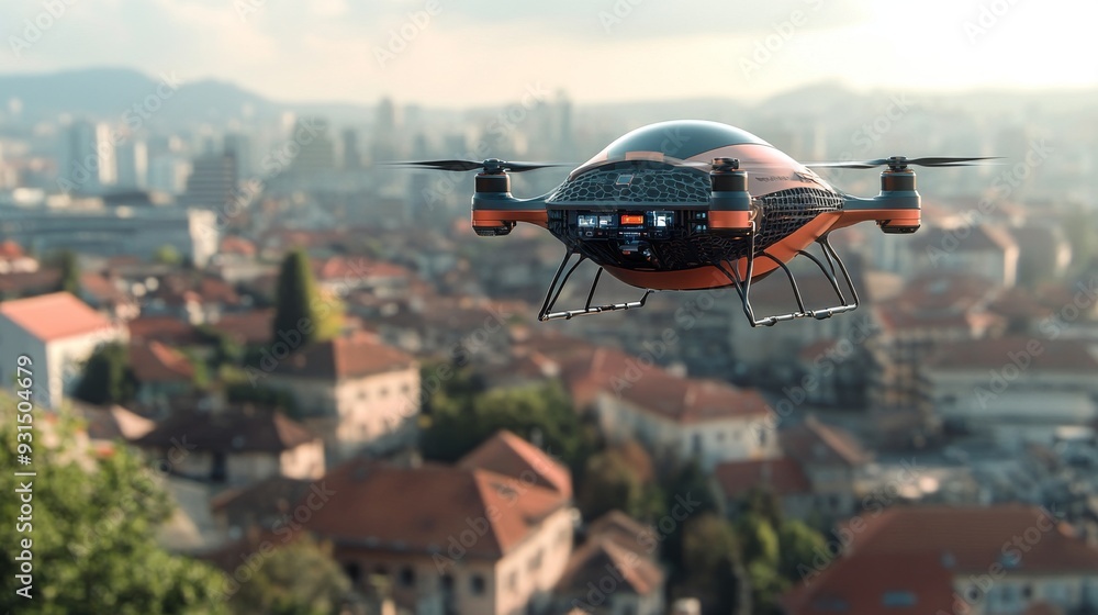 Advanced Delivery Drone: A small, sleek delivery drone hovering over a residential area, ready to deliver a package, with cityscape in the background. Advanced Delivery Drone: A small, sleek delivery drone hovering over a residential area, ready to deliver a package, with cityscape in the background.