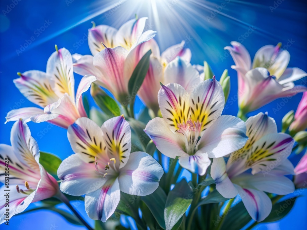 Delicate Alstroemeria flowers with yellow centers and soft pink petals bloom vibrantly against a bright pink background, illuminated by warm sunlight and gentle shadows. Delicate Alstroemeria flowers with yellow centers and soft pink petals bloom vibrantly against a bright pink background, illuminated by warm sunlight and gentle shadows.