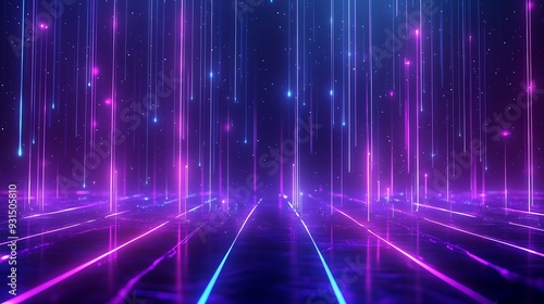 Abstract neon light background with vibrant purple and blue lines creating a futuristic, glowing, and dynamic digital environment.