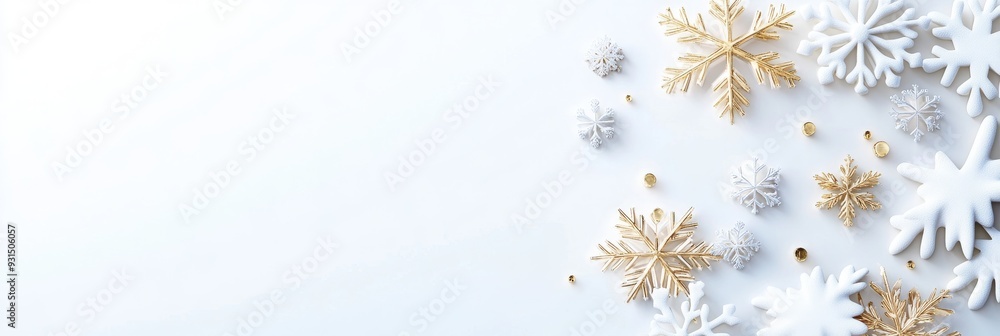 Winter Wonderland Panorama with Abstract Snowflakes and Golden Decorations on Clean Background. Copy Space for Text. Winter Wonderland Panorama with Abstract Snowflakes and Golden Decorations on Clean Background. Copy Space for Text.
