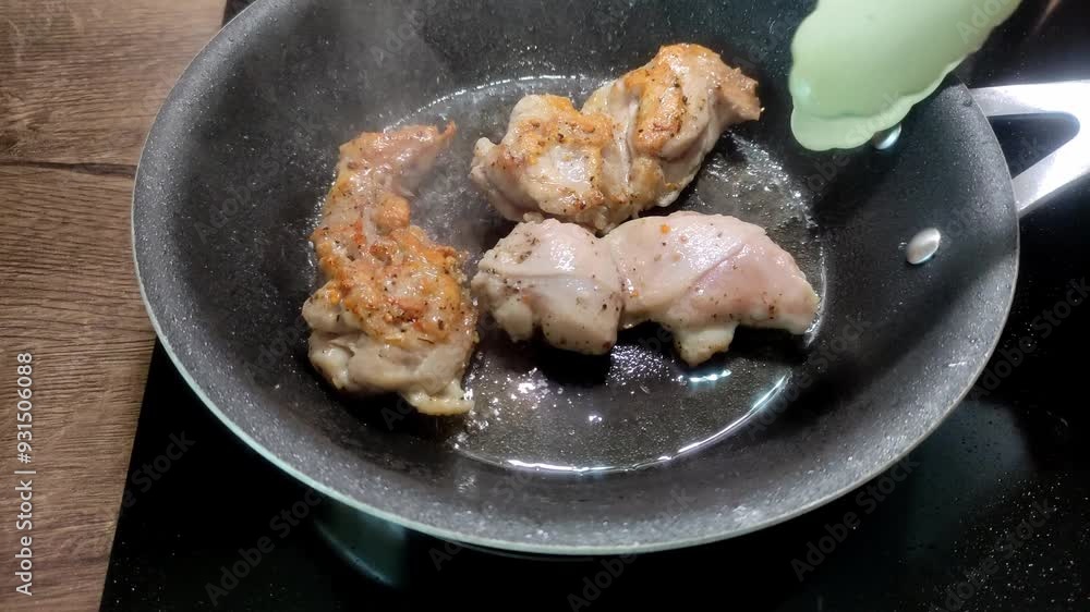 Chicken fillet is fried in a frying pan close-up. Concept of healthy eating, diet, dietetic food Chicken fillet is fried in a frying pan close-up. Concept of healthy eating, diet, dietetic food