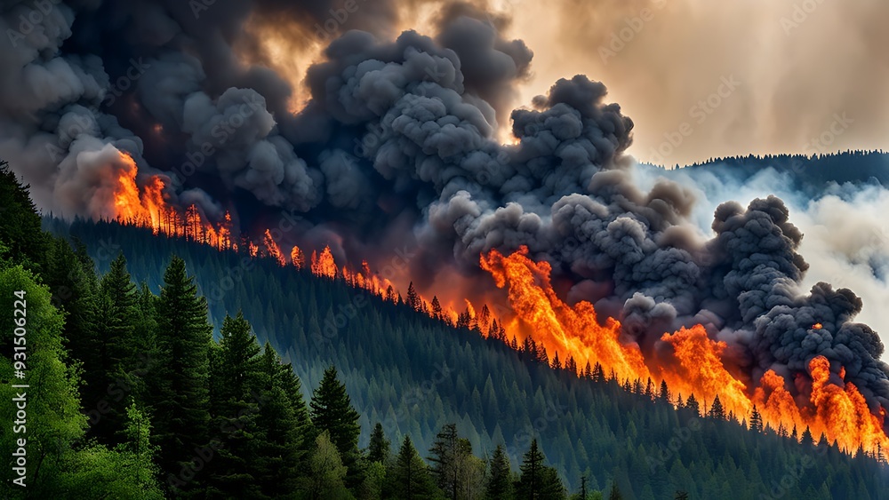 Fototapeta premium Massive wildfire spreading across a forested hillside, with thick smoke and intense flames. Environmental catastrophe and climate change impact