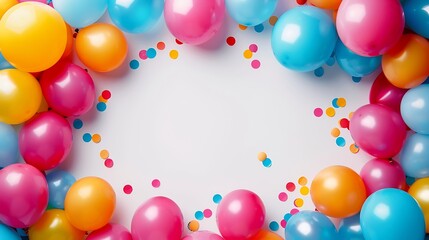 Colorful party balloons frame border isolated on white background Creative layout Flat lay top view Design element : Generative AI