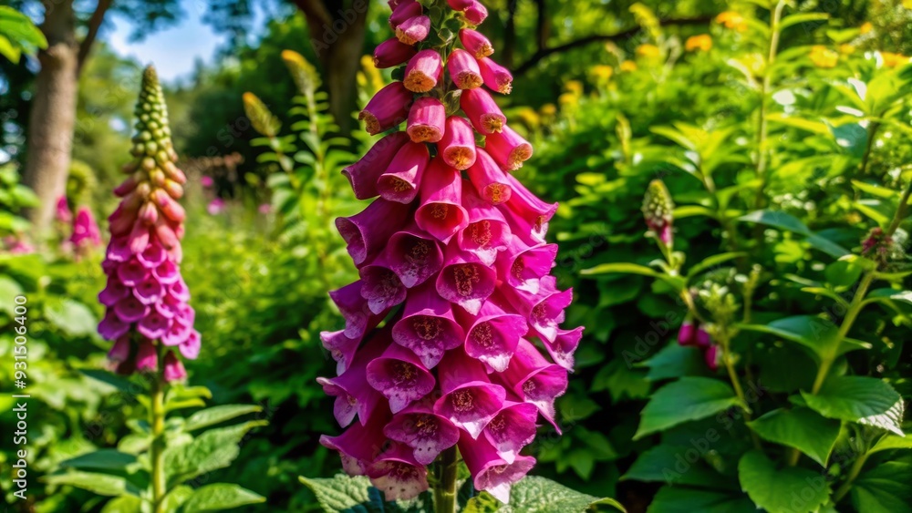 Vibrant pink foxglove spike stands tall amidst lush green foliage in a serene UK garden, showcasing nature's beauty with its delicate yet striking elegance. Vibrant pink foxglove spike stands tall amidst lush green foliage in a serene UK garden, showcasing nature's beauty with its delicate yet striking elegance.
