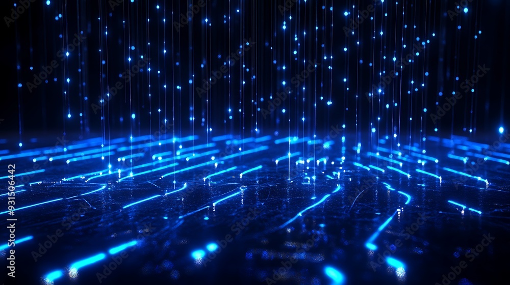 Blue digital glowing lines and dots creating a futuristic cyber landscape, resembling data transmission or fiber optics in a virtual space. Blue digital glowing lines and dots creating a futuristic cyber landscape, resembling data transmission or fiber optics in a virtual space.