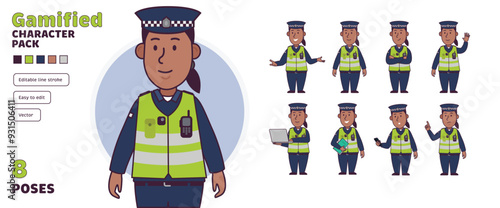 Simple flat gamified British police woman officer vector character in a set of multiple poses. Easy to edit and isolated on a white background. Modern trendy style character pack with lots of poses.	