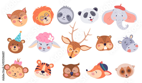 illustration showcases a whimsical collection of adorable animal faces, designed for children s decor and apparel, featuring a variety of expressions and accessories
