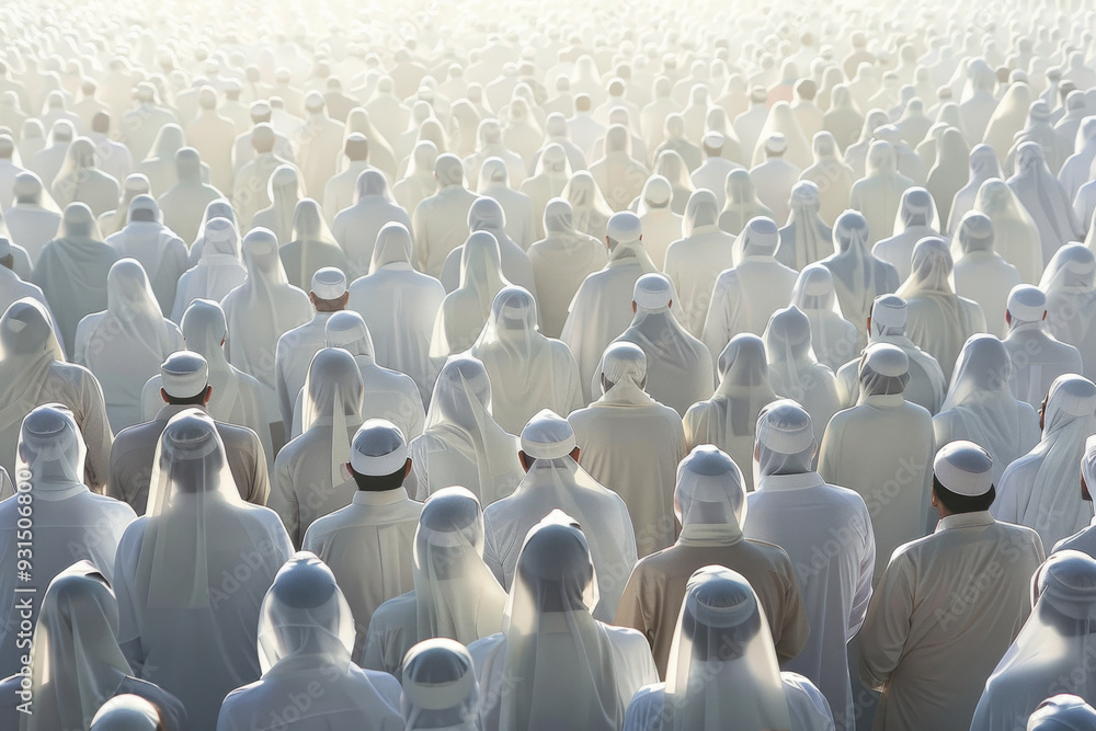 Obraz premium Large crowd of people in traditional muslim clothing attending a religious event