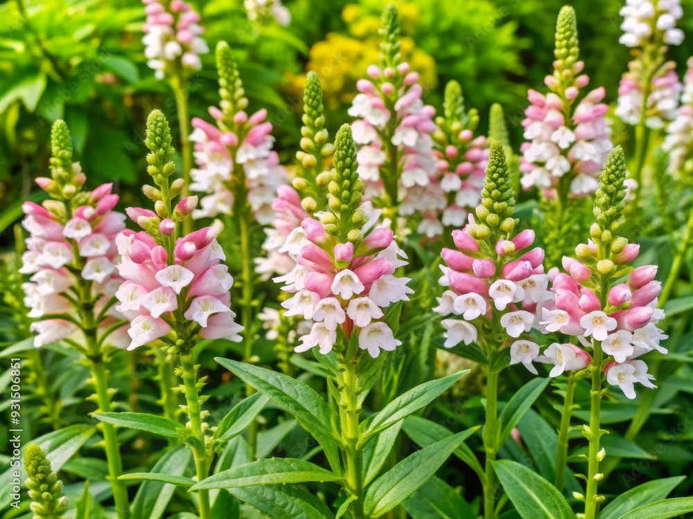 Obraz premium Vibrant pink and white striped flowers of Physostegia virginiana variegata bloom in a lush garden bed, surrounded by lush greenery and providing ample copyspace.