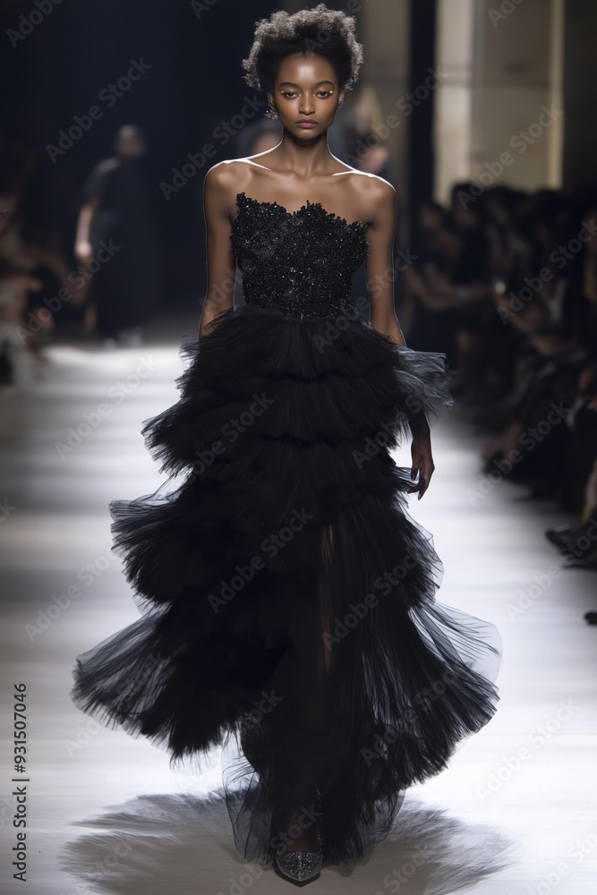A woman in a black dress is walking down a runway. The dress is long ...