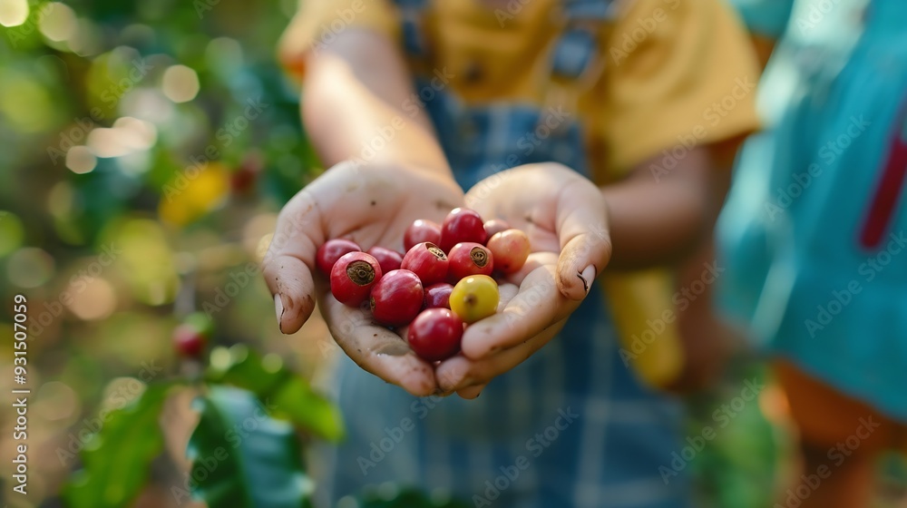 Hand of children holding coffee cherries in harvesting season organic coffee growing on high mountain Thailand : Generative AI Hand of children holding coffee cherries in harvesting season organic coffee growing on high mountain Thailand : Generative AI