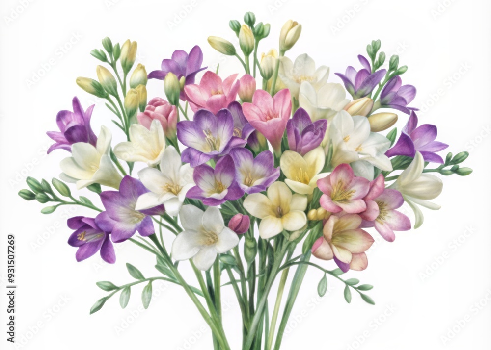 Delicate watercolor illustration of freesia flowers in soft pastel hues, featuring clusters of fragrant blooms in shades of white, yellow, pink, and purple. Delicate watercolor illustration of freesia flowers in soft pastel hues, featuring clusters of fragrant blooms in shades of white, yellow, pink, and purple.