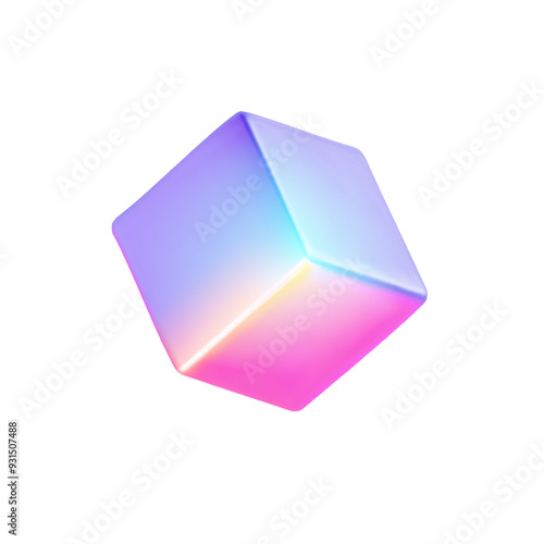 Neon cube isolated on transparent background. 3d holographic primutive shape. Render of 3d iridescent cube with rainbow effect