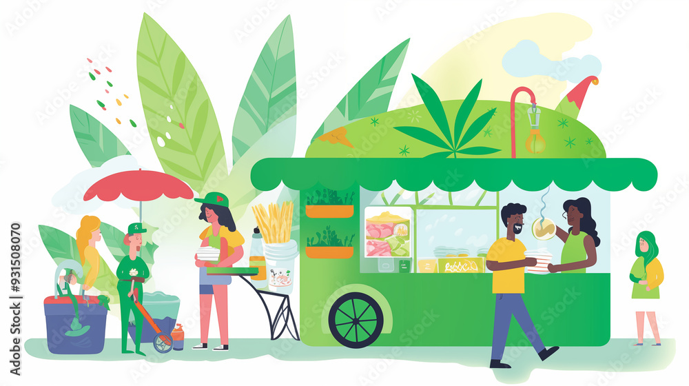 Fototapeta premium Food Truck with Fresh Ingredients and Leafy Design at Outdoor Market