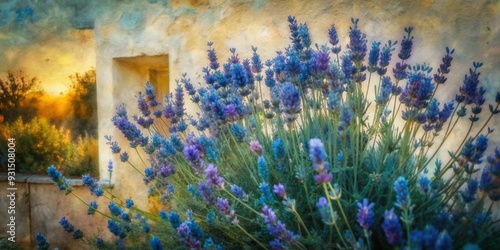Softly blooming lavender flowers dance across a white wall in dreamy watercolor hues, evoking a sense of serene elegance in this beautiful impressionist art piece.