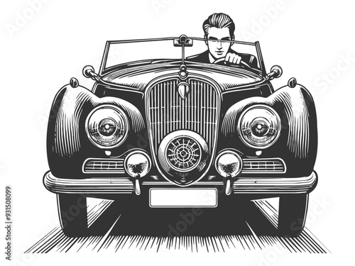 Mad drives convertible car, detailed front view and classic automotive design sketch engraving generative ai fictional character vector illustration. Scratch board imitation. Black and white image.
