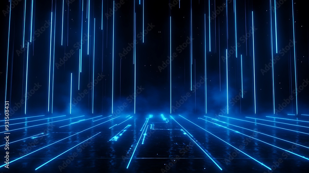 Futuristic blue neon light lines in a dark digital tech background, ideal for technology and virtual reality designs. Futuristic blue neon light lines in a dark digital tech background, ideal for technology and virtual reality designs.