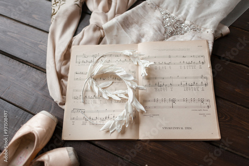 pointes, music, dress, flatlay photo