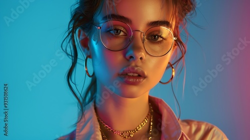 Wallpaper Mural Chic modern style Elegant young woman wearing sarin shirt and golden luxurious jewelry against blue background in neon light Concept of modern fashion trendy style beauty youth culture : Generative AI Torontodigital.ca