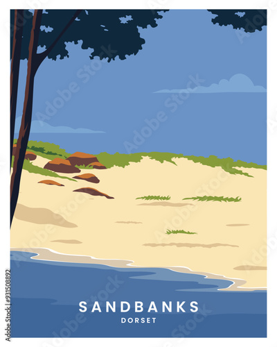 Beautiful travel poster with sandy beach and tree. 
vector illustration landscape with flat style.