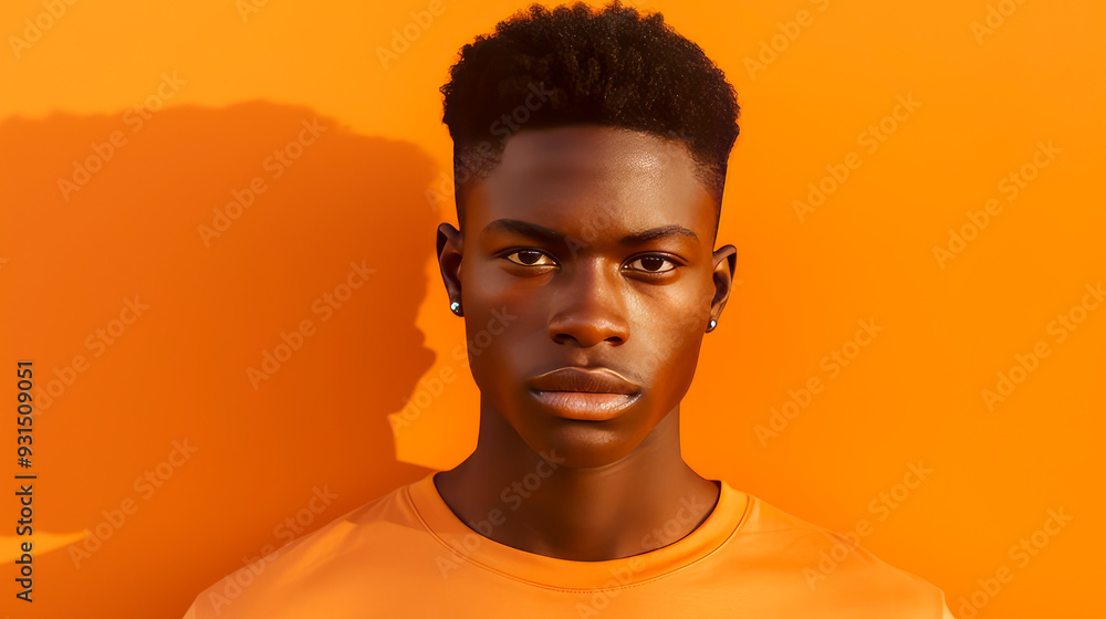 Obraz premium Portrait of a happy cheerful serious, troubled African American teenager guy with perfect skin, orange background, banner.
