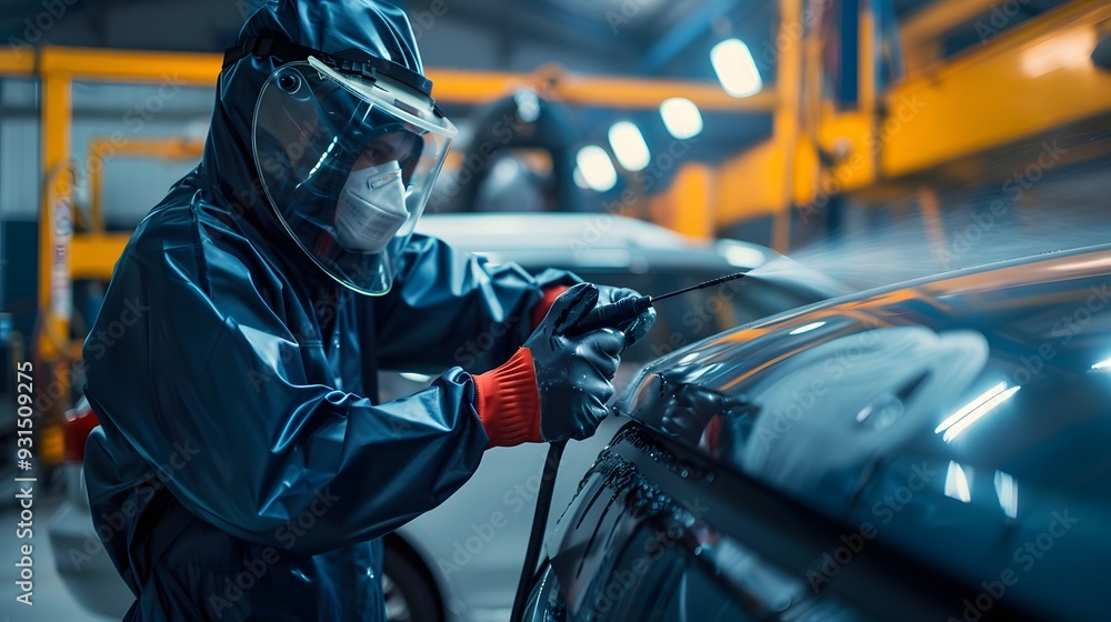 Car painter in protective clothes and mask painting automobile bumper with metallic paint and varnish in chamber workshop. Car painter in protective clothes and mask painting automobile bumper with metallic paint and varnish in chamber workshop.