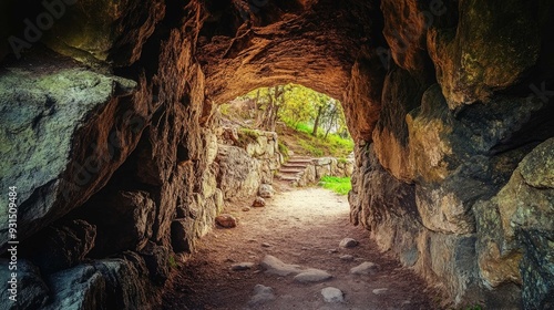 A stone archway leads into a lush forest with a stone stairway on the right. photo