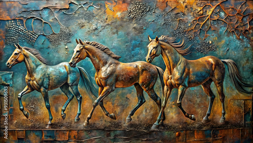Dynamic horses, vibrant hues painting, textured canvas, rustic charm. Painting Running horses, freedom, power, equestrian sports, adventure background