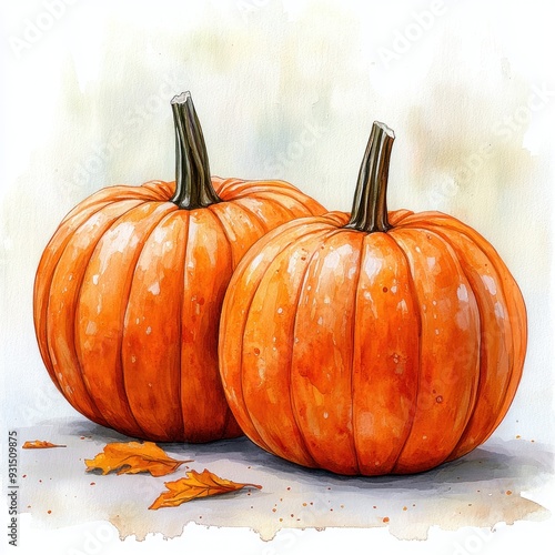 Watercolor Illustration of Two Pumpkins with Fallen Leaves photo