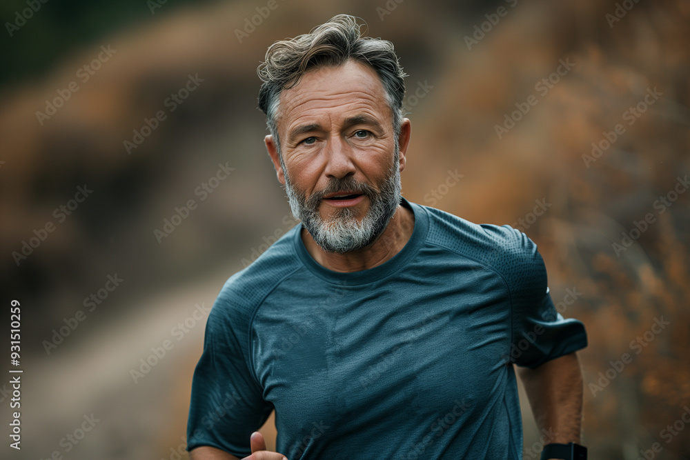 front view focused mature man runs in the mountains with a backpack, hiking in the mountains front view focused mature man runs in the mountains with a backpack, hiking in the mountains