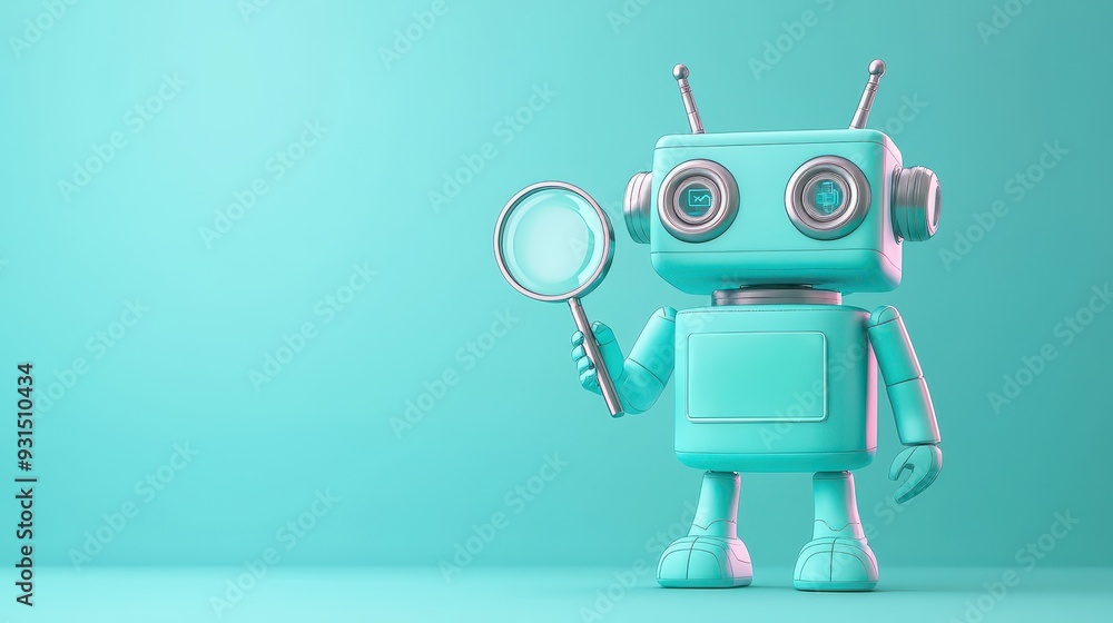 A cute turquoise robot holding a magnifying glass, set against a soft pastel background, perfect for technology or innovation themes.