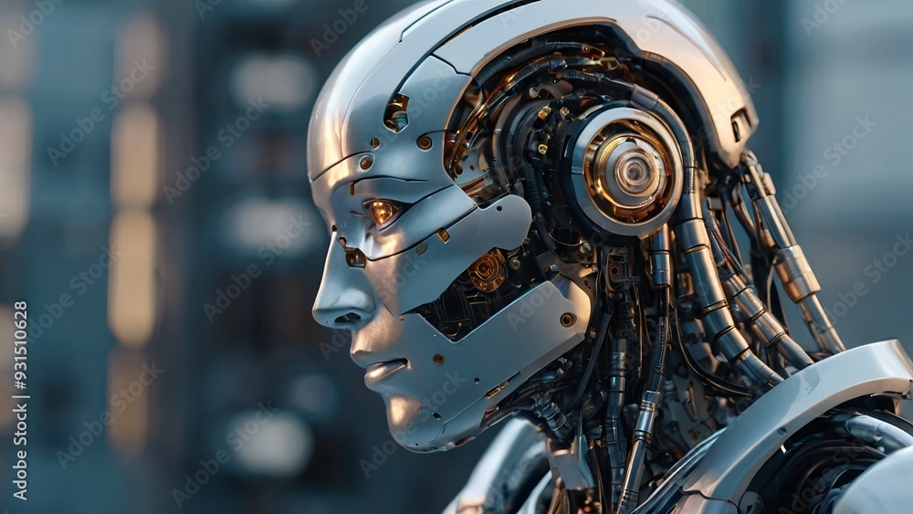 Fototapeta premium Futuristic cyborg with intricate mechanical details, showcasing advanced robotics and cutting-edge technology, ideal for AI and innovation-themed content.