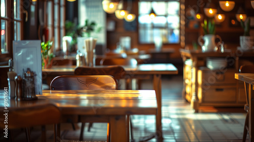 cafe with wooden tables restaurant empty cosy atmosphere, Empty wood table with blur interior outdoor space coffee restaurant or cafe for background, cosy atmosphere