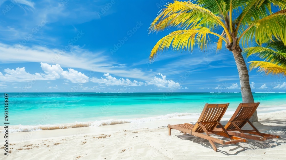 Obraz premium Tropical beach with palm trees in the Caribbean on Saona Island, Dominican Republic during vacation
