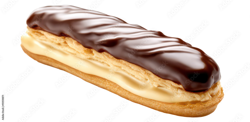 Eclair filled with creamy vanilla and topped with rich chocolate glaze isolate on transparent background, cutout, png Eclair filled with creamy vanilla and topped with rich chocolate glaze isolate on transparent background, cutout, png