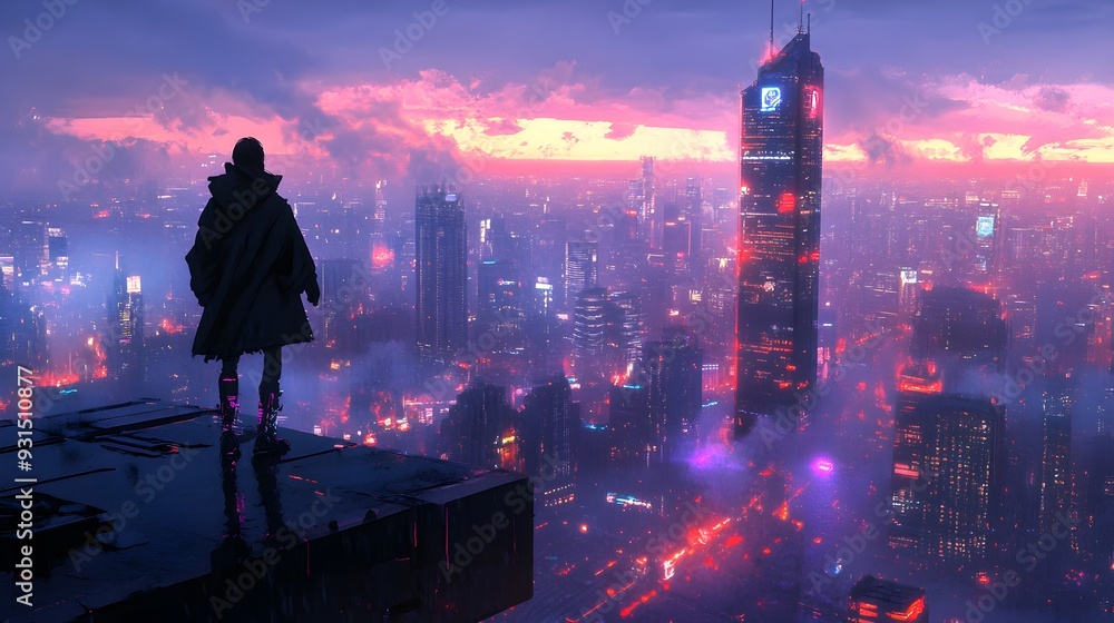 Lone Figure Overlooking a Futuristic Cyberpunk Cityscape at Dusk Lone Figure Overlooking a Futuristic Cyberpunk Cityscape at Dusk