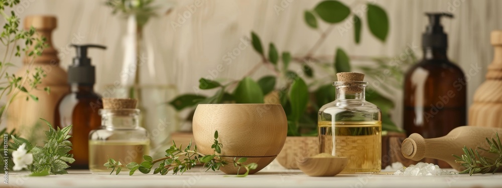 Organic skincare products arranged with fresh herbs in a natural setting Organic skincare products arranged with fresh herbs in a natural setting