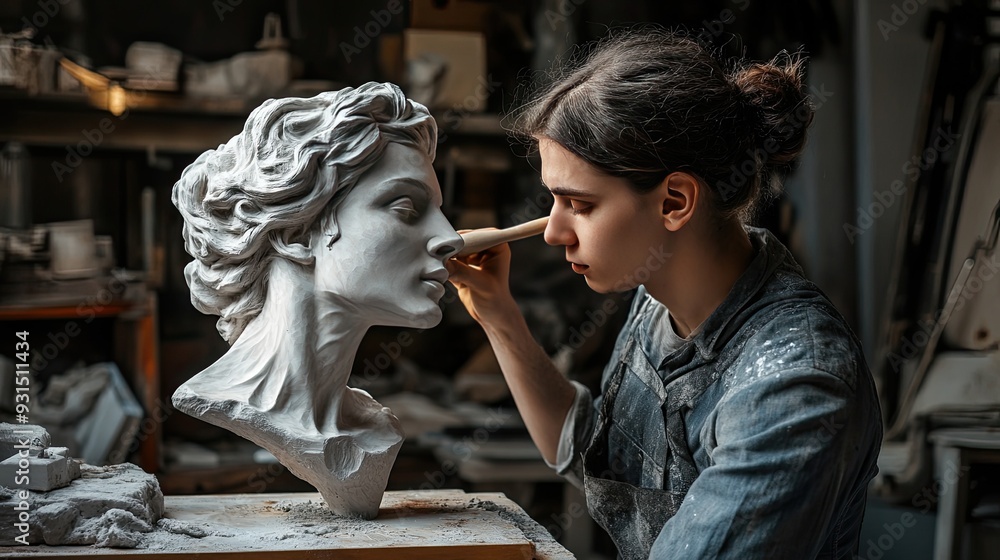 A young sculptor meticulously refines the details of a female bust in her studio. A young sculptor meticulously refines the details of a female bust in her studio.