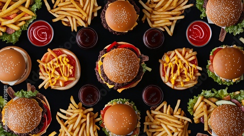 Fast food items like burgers, fries, and shakes forming a symmetrical pattern on a black background photo