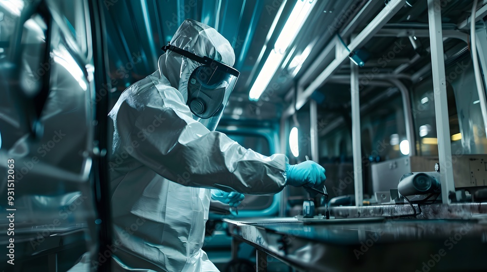 Car painter in protective clothes and mask painting automobile bumper with metallic paint and varnish in chamber workshop. Car painter in protective clothes and mask painting automobile bumper with metallic paint and varnish in chamber workshop.