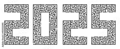 New Year 2025, numbers written in font made from labyrinth lines. Abstract figures of next new year. Maze design element. Simple black and white vector isolated on white background