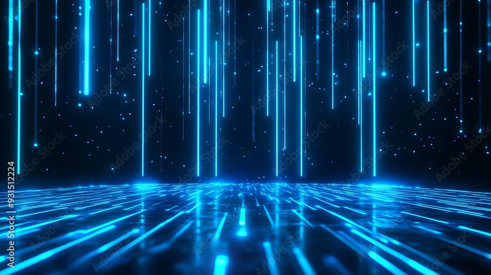 Futuristic digital blue neon light lines falling on glowing floor with stars in background, abstract technology background. Futuristic digital blue neon light lines falling on glowing floor with stars in background, abstract technology background.