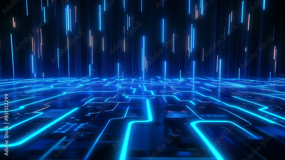 Futuristic digital blue neon lights on a grid surface, representing technology, digital networks, and data flow. Futuristic digital blue neon lights on a grid surface, representing technology, digital networks, and data flow.