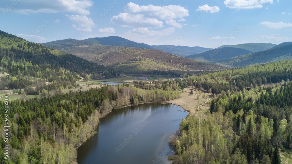 Obraz premium Stunning panoramic view of river surrounded by green hills on a sunny day.